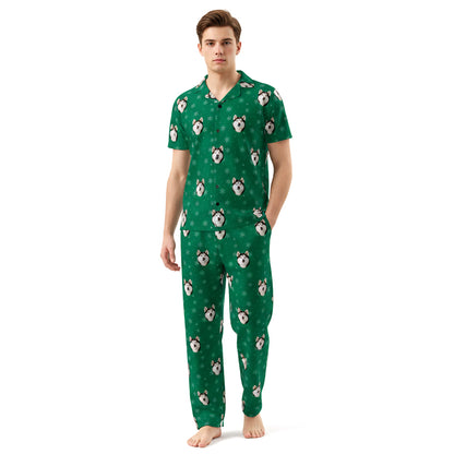 Custom_Pet_Face_Pajama_xm_Green_SnowFlakes_Man wearing a green pajama set with dog pattern on a white background