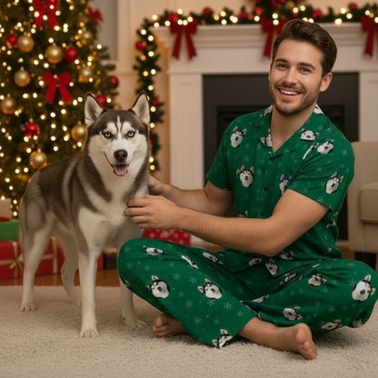 Custom_Pet_Face_Pajama_xm_Green_SnowFlakes_Man and dog in matching green pajamas in a festive living room with Christmas decorations.