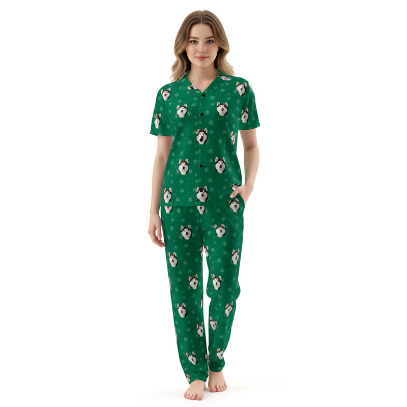 Custom_Pet_Face_Pajama_xm_Green_SnowFlakes_Woman wearing a green pajama set with dog pattern on a white background