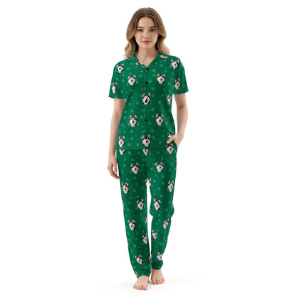 Custom_Pet_Face_Pajama_xm_Green_SnowFlakes_Woman wearing a green pajama set with dog pattern on a white background