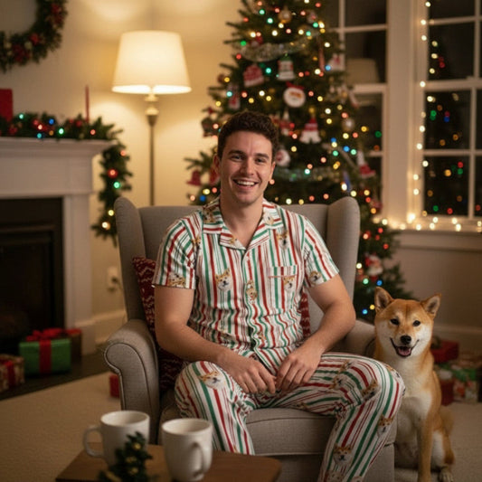 Custom_Pet_Face_Pajama_xm_vertical_stripe_Man in pajamas holding a dog in a living room with a Christmas tree and decorations.