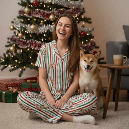 Custom_Pet_Face_Pajama_xm_vertical_stripe_Woman in a festive outfit holding a dog in front of a decorated Christmas tree.