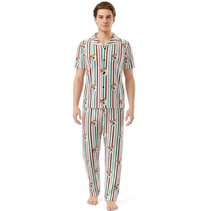 Custom_Pet_Face_Pajama_xm_vertical_stripe_Man wearing a colorful pajama set with a white background