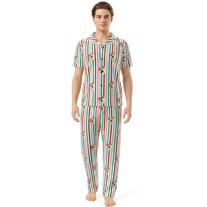 Custom_Pet_Face_Pajama_xm_vertical_stripe_Man wearing a colorful pajama set with a white background
