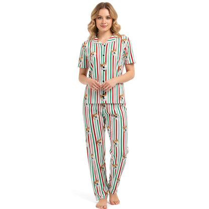 Custom_Pet_Face_Pajama_xm_vertical_stripe_Woman wearing a Christmas-themed pajama set with reindeer pattern on a white background