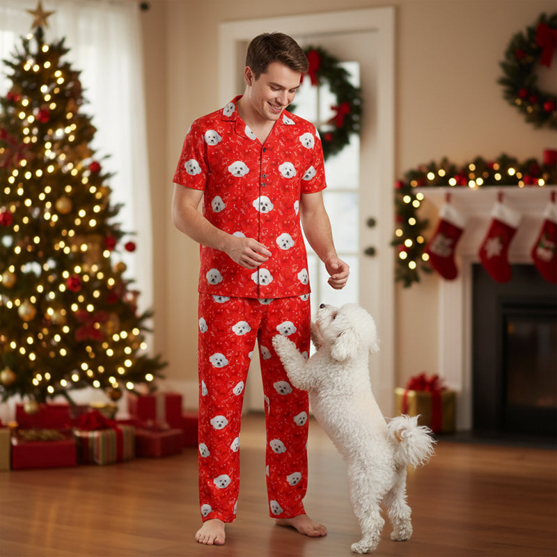 Custom_Pet_Face_Short_Pajama_xm_deer_foliage_Man in red pajama set with dog in a festive room with Christmas decorations