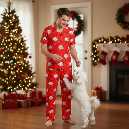 Custom_Pet_Face_Short_Pajama_xm_deer_foliage_Man in red pajama set with dog in a festive room with Christmas decorations