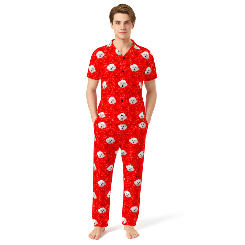 Custom_Pet_Face_Short_Pajama_xm_deer_foliage_Person wearing a red pajama set with white bear pattern on a white background