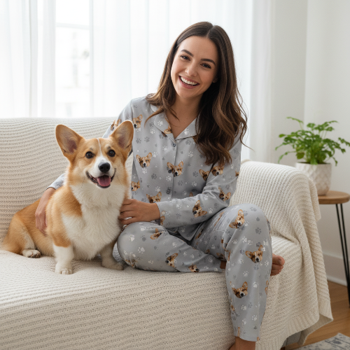 Custom Pet Face Pajama,Woman in matching dog-themed pajamas sitting on a couch with a corgi.