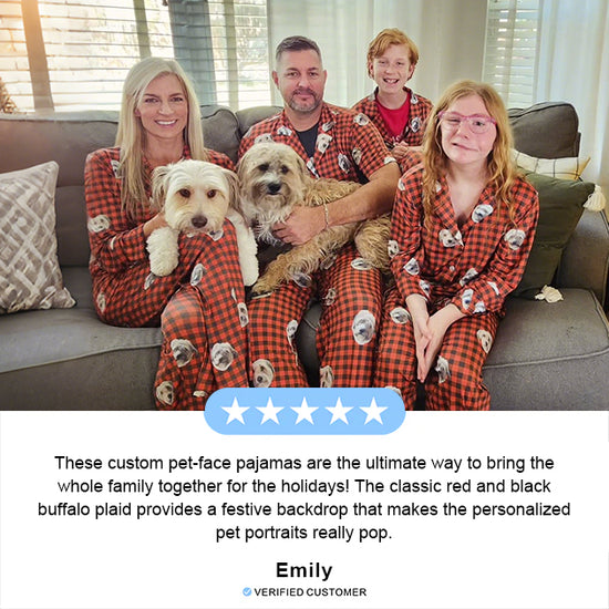 These custom pet-face pajamas are the ultimate way to bring the whole family together for the holidays! The classic red and black buffalo plaid provides a festive backdrop that makes the personalized pet portraits really pop.