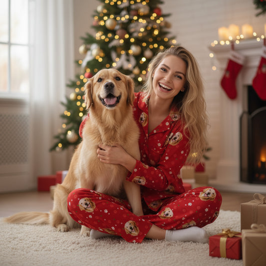 Woman in red pajamas with a dog in a festive living room with Christmas tree and fireplace.