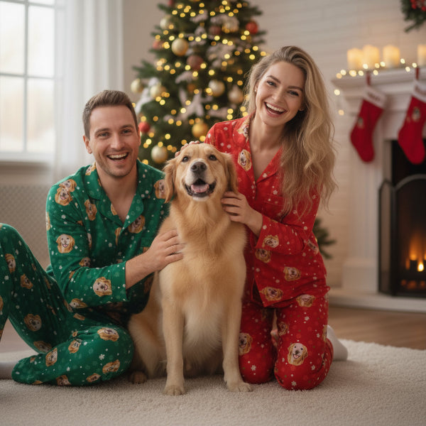 Man and woman in matching pajamas with a dog in front of a Christmas tree and fireplace.