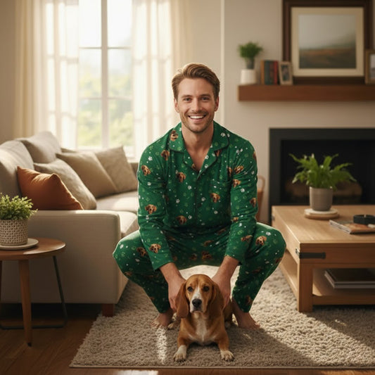 Man wearing green pajamas with dog patterns holding a small brown dog in a living room.