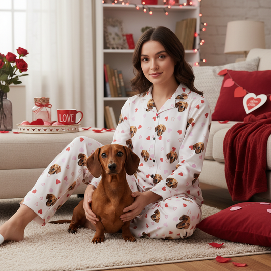 Custom Pet Face Long Sleeve Pajama & Pants / Heart & White