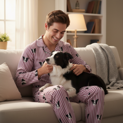 Man in pajamas with a dog on a couch in a cozy living room
