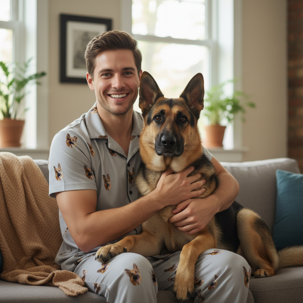 Man sitting on a couch holding a German Shepherd dog in a cozy living room.