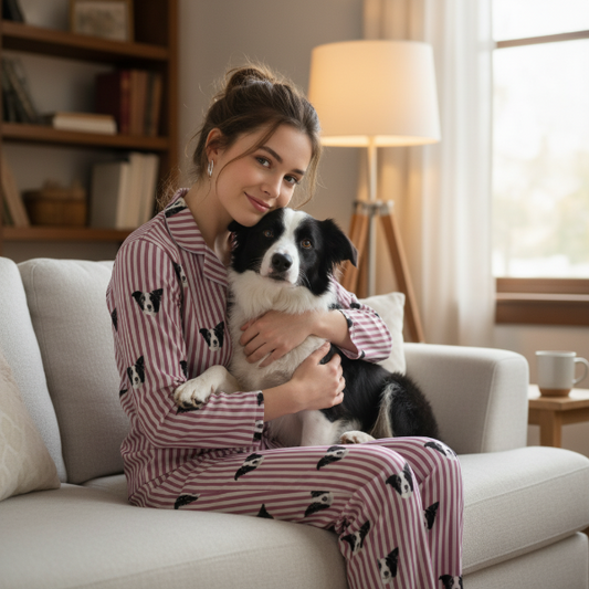 Woman in pink pajamas with a dog on a couch in a cozy living room.