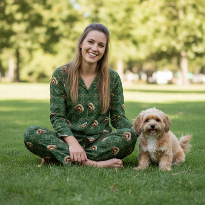 Woman in green pajamas with bear pattern sitting on grass with a dog.