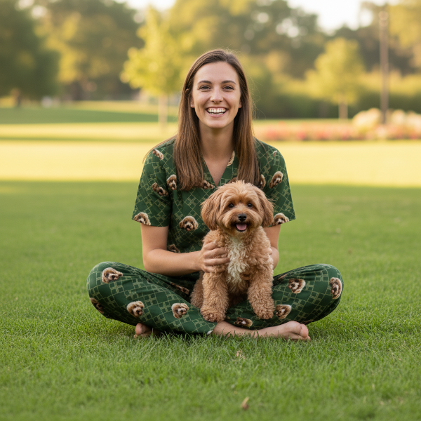 Woman sitting on grass holding a small dog, both wearing green outfits with animal patterns.