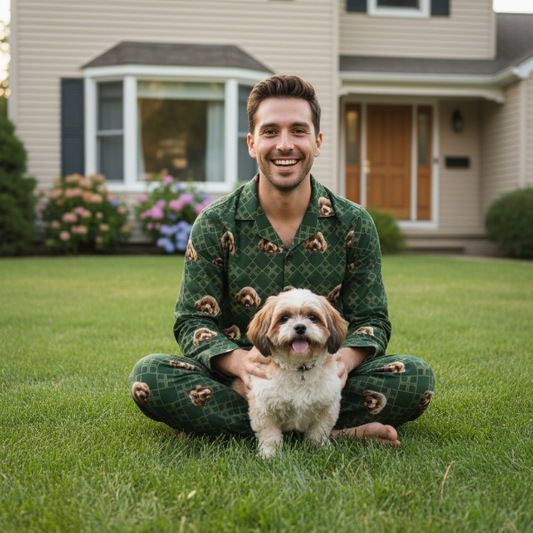 Man sitting on grass with a dog wearing matching green pajamas in front of a house.
