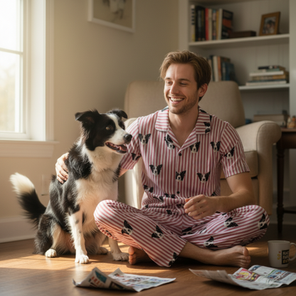 Man in pajamas sitting on the floor with a dog in a cozy living room.