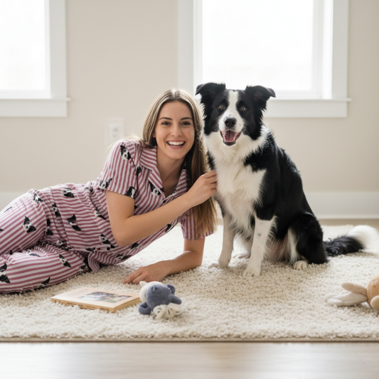 Woman in pajamas sitting on a carpet with a black and white dog.