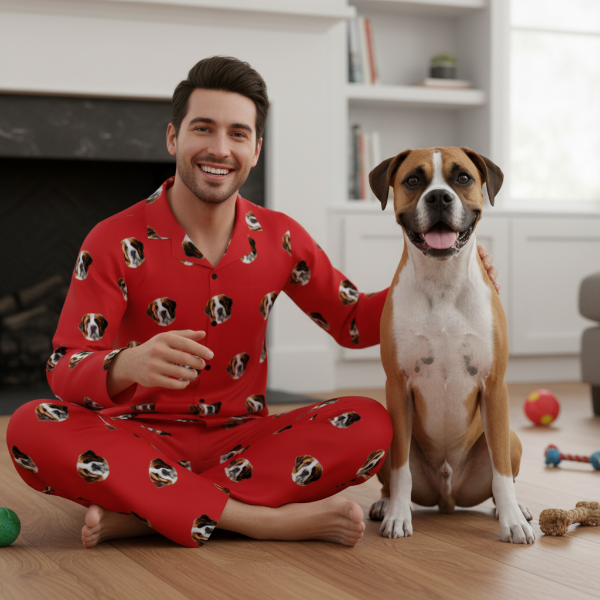 Man in red pajamas with dog pattern sitting on the floor with a dog.