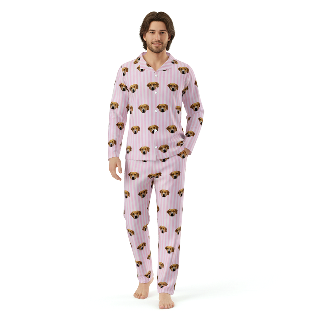 Person wearing pink pajamas with dog pattern on a white background