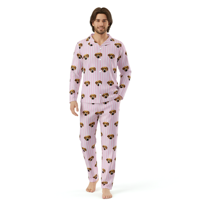 Person wearing pink pajamas with dog pattern on a white background