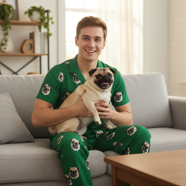 Man wearing green pajamas with pug patterns, holding a pug, sitting on a couch in a living room.
