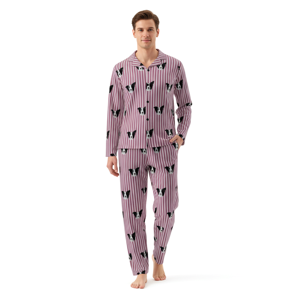 Man wearing a pink pajama set with black dog pattern on a white background
