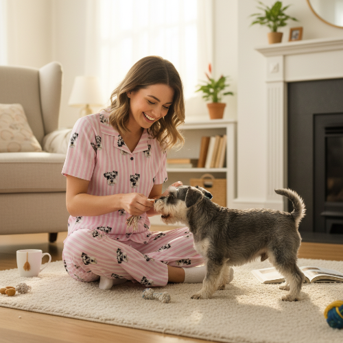 Woman in pink pajamas sitting on the floor with a small dog in a cozy living room.