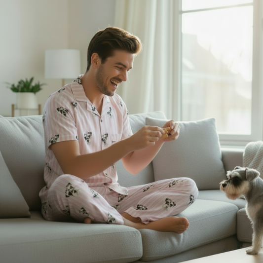 Man in pink pajamas sitting on a couch with a small dog in a bright living room.