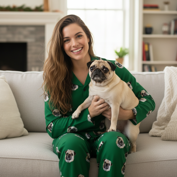 Woman in green pajamas holding a pug on a couch in a cozy living room.