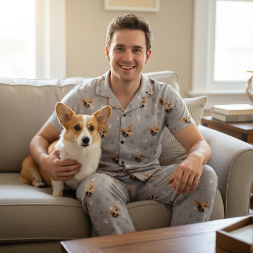 Man in pajamas sitting on a couch with a dog, smiling at the camera.
