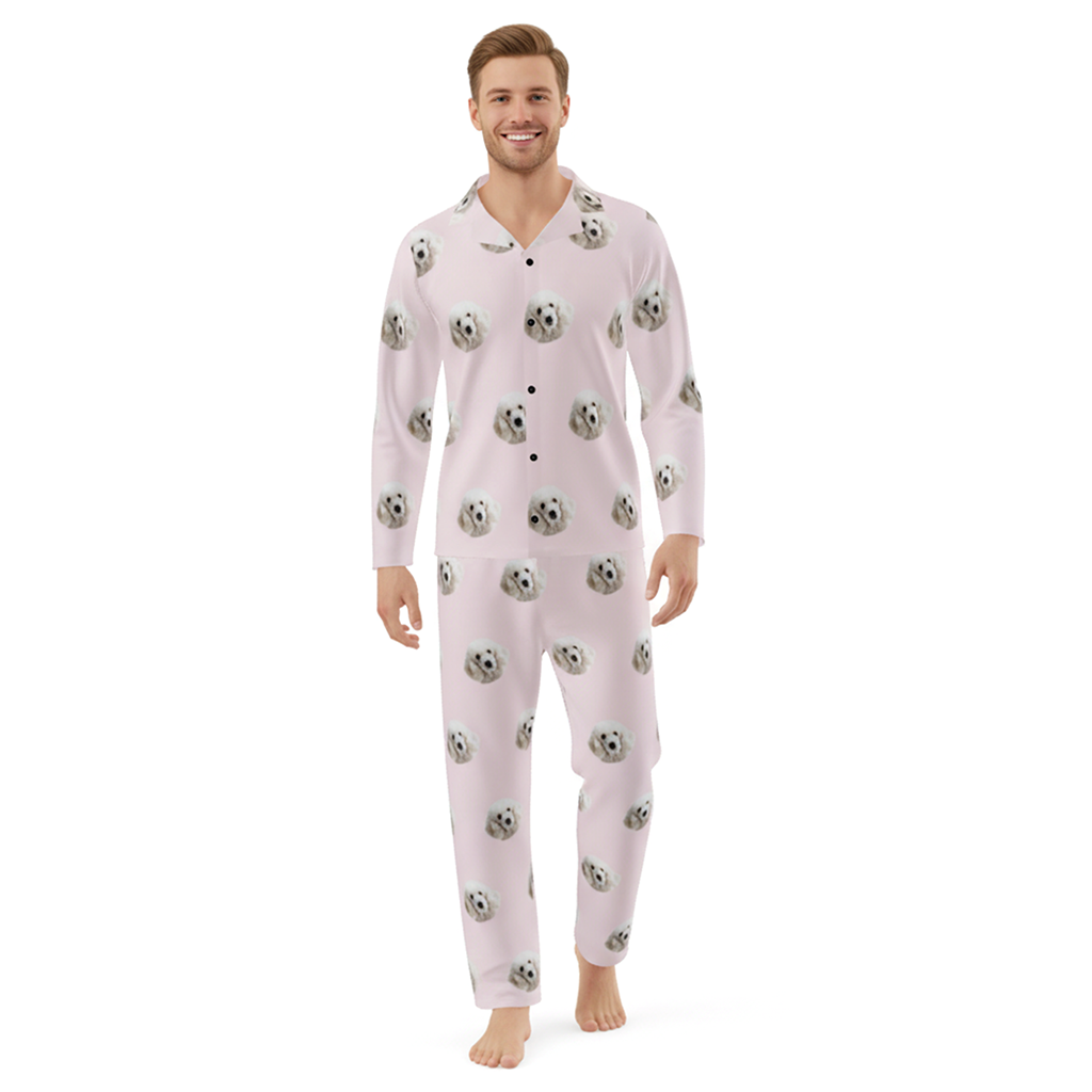 Man wearing a pink onesie with black and white patterns on a white background