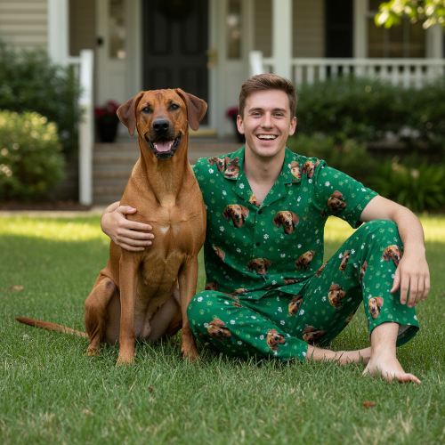 Man in green pajamas with dog pattern sitting on grass with a dog.