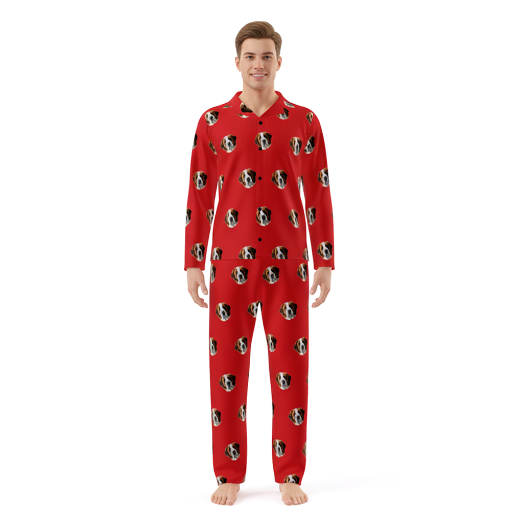 Person wearing a red onesie with black and white patterns on a white background