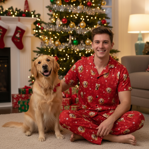 Man and dog in matching red pajamas sitting in front of a Christmas tree.