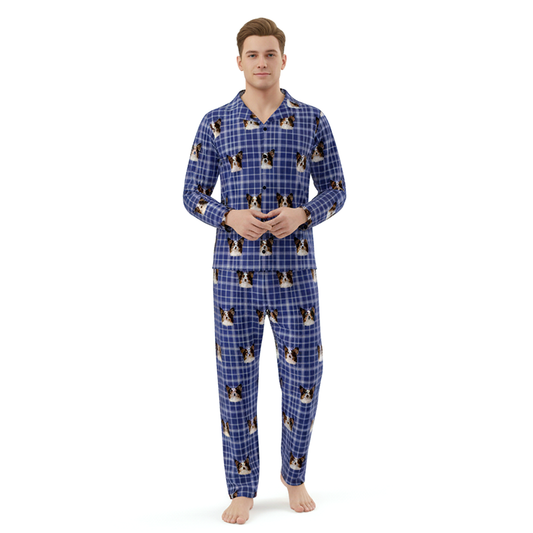 Man wearing a blue plaid pajama set with dog pattern on a white background