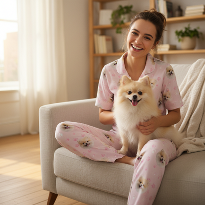 Woman in pink pajamas with dog patterns sitting on a couch holding a small dog in a cozy living room.