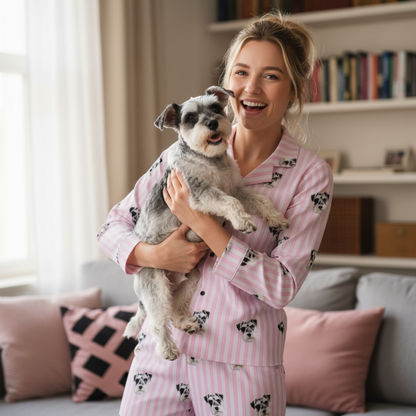 Woman in pink pajamas holding a small dog in a cozy living room.