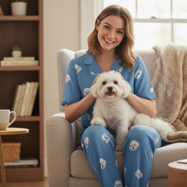 Woman in blue pajamas with dog patterns sitting on a couch holding a small white dog.