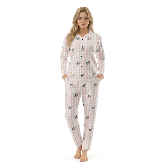 Woman wearing a checkered pajama set with cartoon characters on a white background