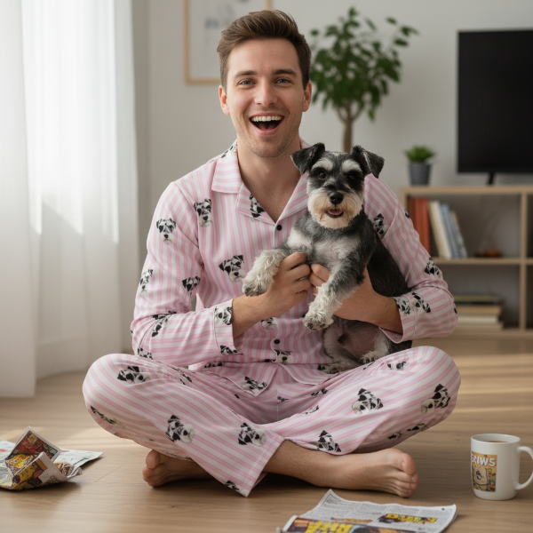Man in pink pajamas holding a small dog in a living room.