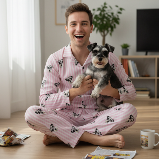 Man in pink pajamas holding a small dog in a living room.