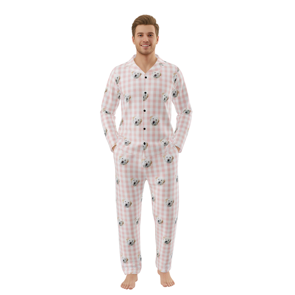 Man wearing a pink checkered onesie with cartoon characters on a white background