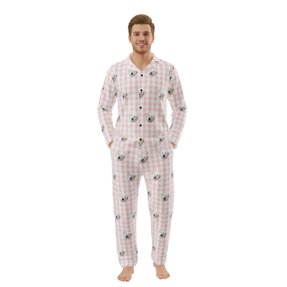 Man wearing a pink checkered onesie with cartoon characters on a white background