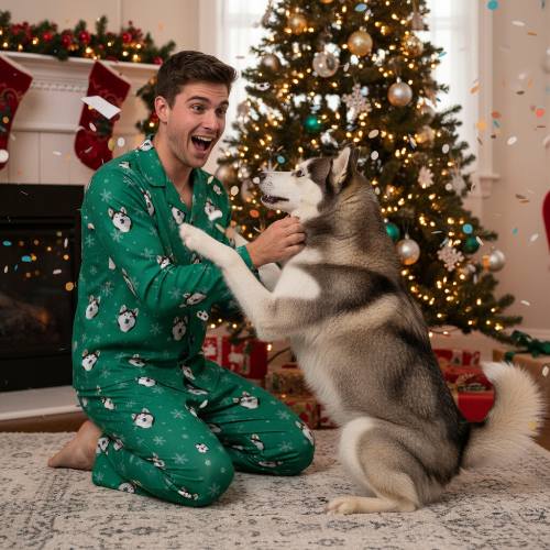 Man in green pajamas with a dog in front of a Christmas tree and fireplace.
