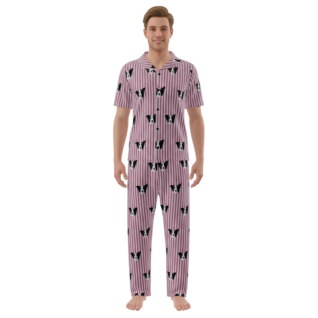 Person wearing a pajama set with a dog pattern on a white background